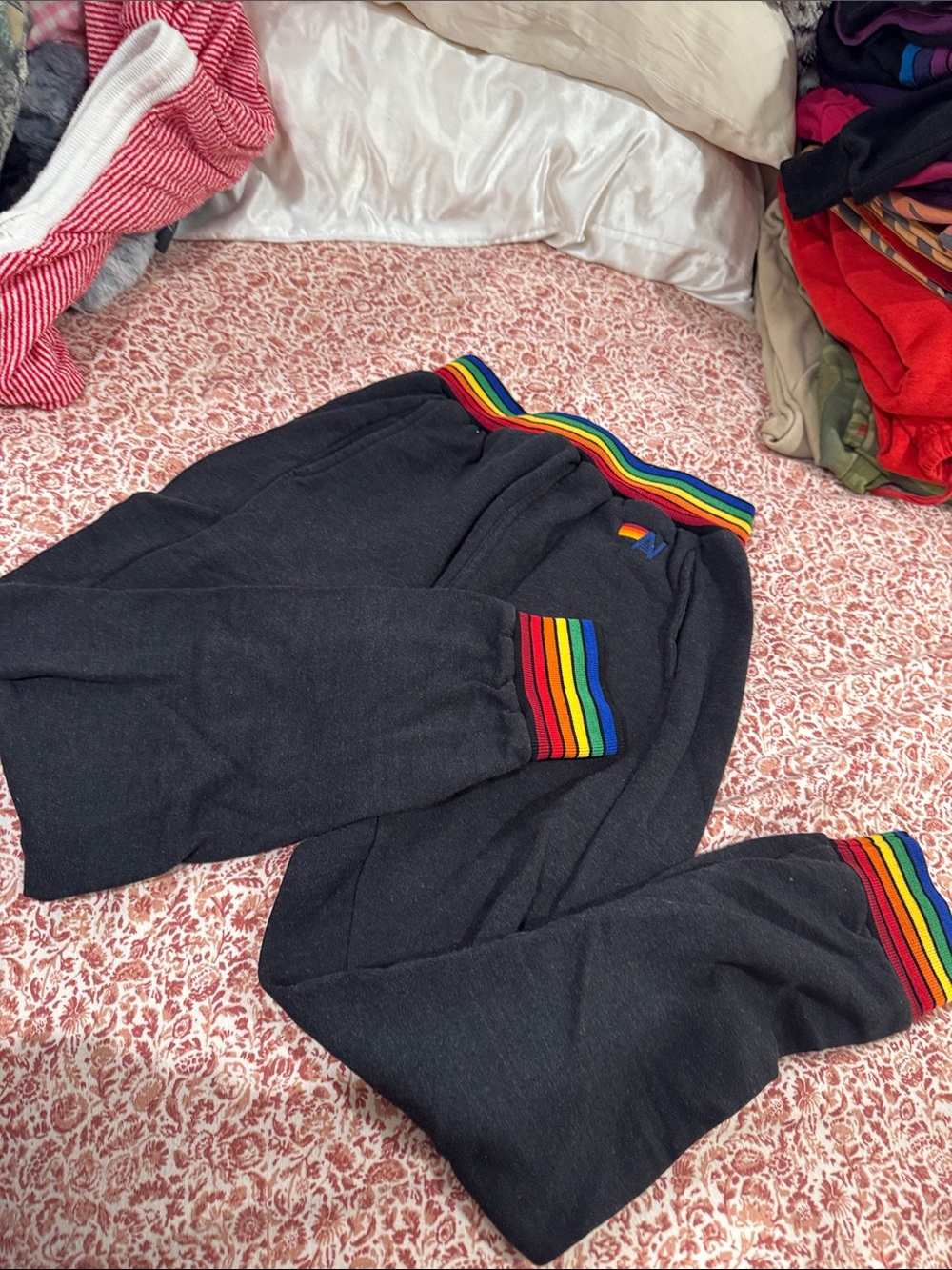 Aviator nation black rainbow stripe joggers